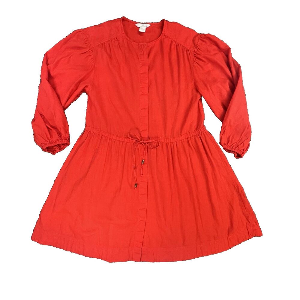 H&M RED MINI DRESS SMALL BUTTON-DOWN LONG PUFF SLEEVES COTTON/LINEN BREATHABLE